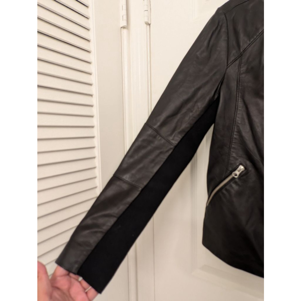 Trouvé Collarless Black Leather Moto Jacket with Ribbed Knit Panels M - Picture 3 of 9